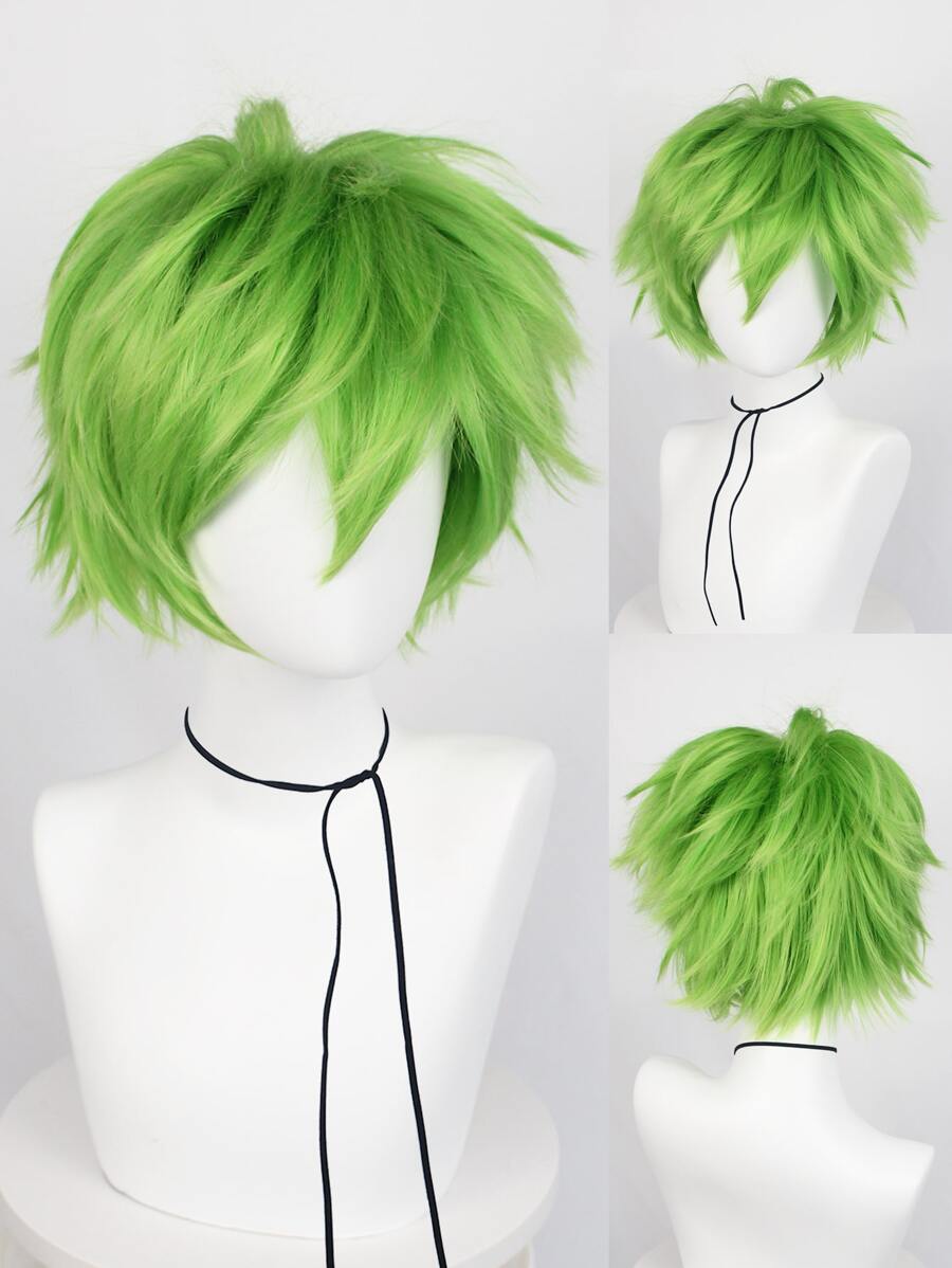 合成纖維短金綠色尖刺分層直角角色扮演假髮配瀏海男性假髮用於化裝晚會萬聖節派對道具,無膠熱阻纖維頭髮高密度自然外觀12英寸假髮中性成人或兒童裝扮,短直角色扮演假髮動漫漫畫服裝角色扮演假髮,適合假日禮物和1個假髮帽 - 綠色 - 查看 1