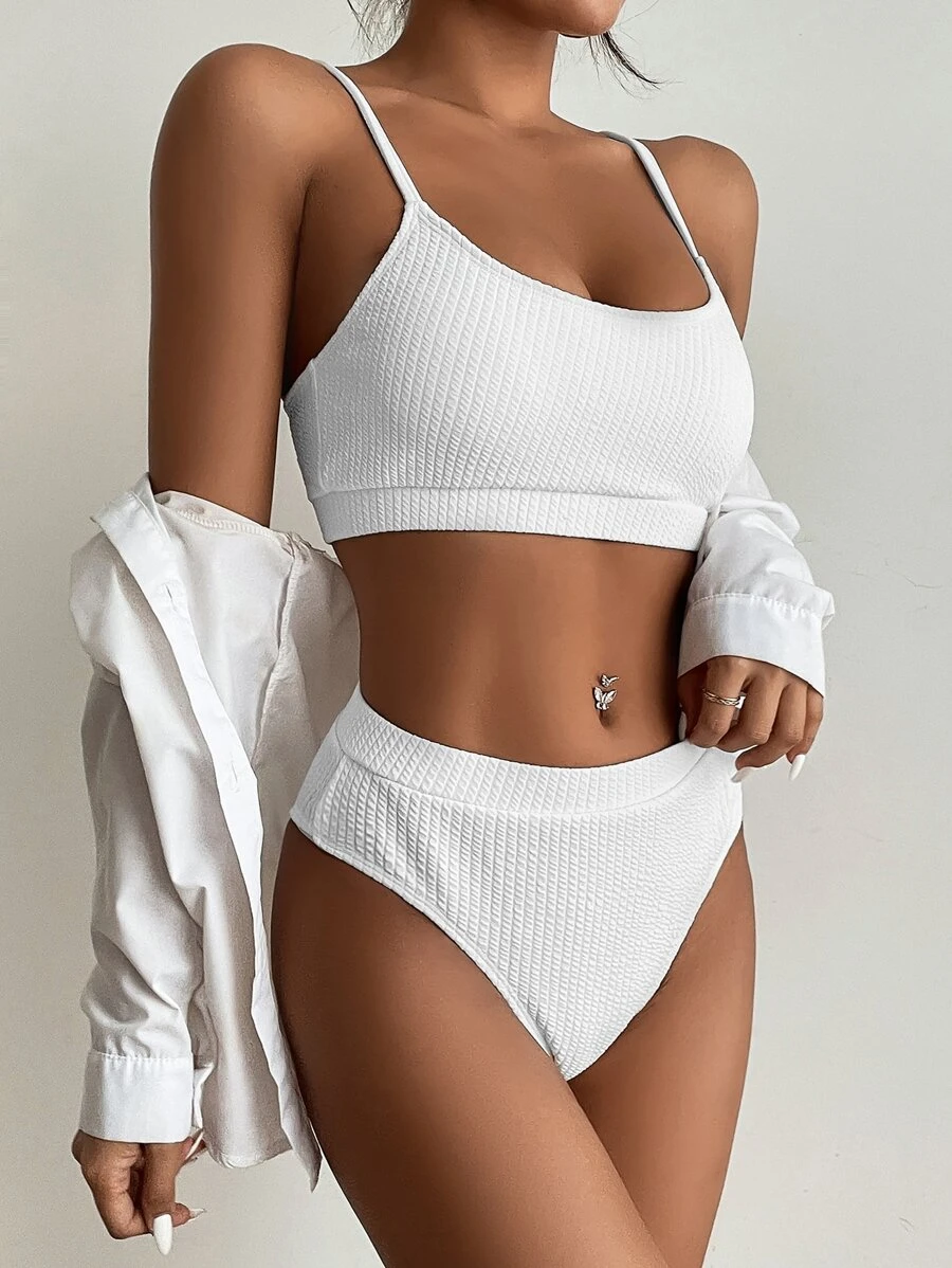 Summer Textured High Waisted Bikini - White - View 1