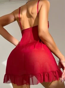 SHEIN Floral Lace Ruffle Hem Babydoll Sexy Lingerie Dress With Thong, For Christmas - Burgundy - View 2