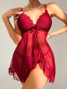 SHEIN Floral Lace Ruffle Hem Babydoll Sexy Lingerie Dress With Thong, For Christmas - Burgundy - View 5