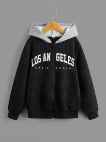 SHEIN Boys Zip Up Letter Graphic Contrast Hooded Jacket Without Tee - Black - View 1