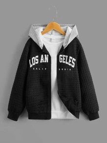 SHEIN Boys Zip Up Letter Graphic Contrast Hooded Jacket Without Tee - Black - View 2