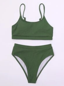 SHEIN Swim Conjunto de bikini acanalado de playa de verano, sujetador sin aros y Bottom de bikini de cintura alta, 2 piezas de bikini