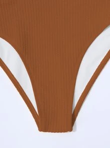 罗纹比基尼套装无钢圈文胸上衣和高腰比基尼下装 2 件套比基尼夏季海滩 - 棕色 - 查看 5