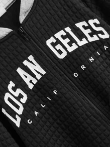 SHEIN Boys Zip Up Letter Graphic Contrast Hooded Jacket Without Tee - Black - View 4