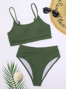 SHEIN Swim Conjunto de bikini acanalado de playa de verano, sujetador sin aros y Bottom de bikini de cintura alta, 2 piezas de bikini