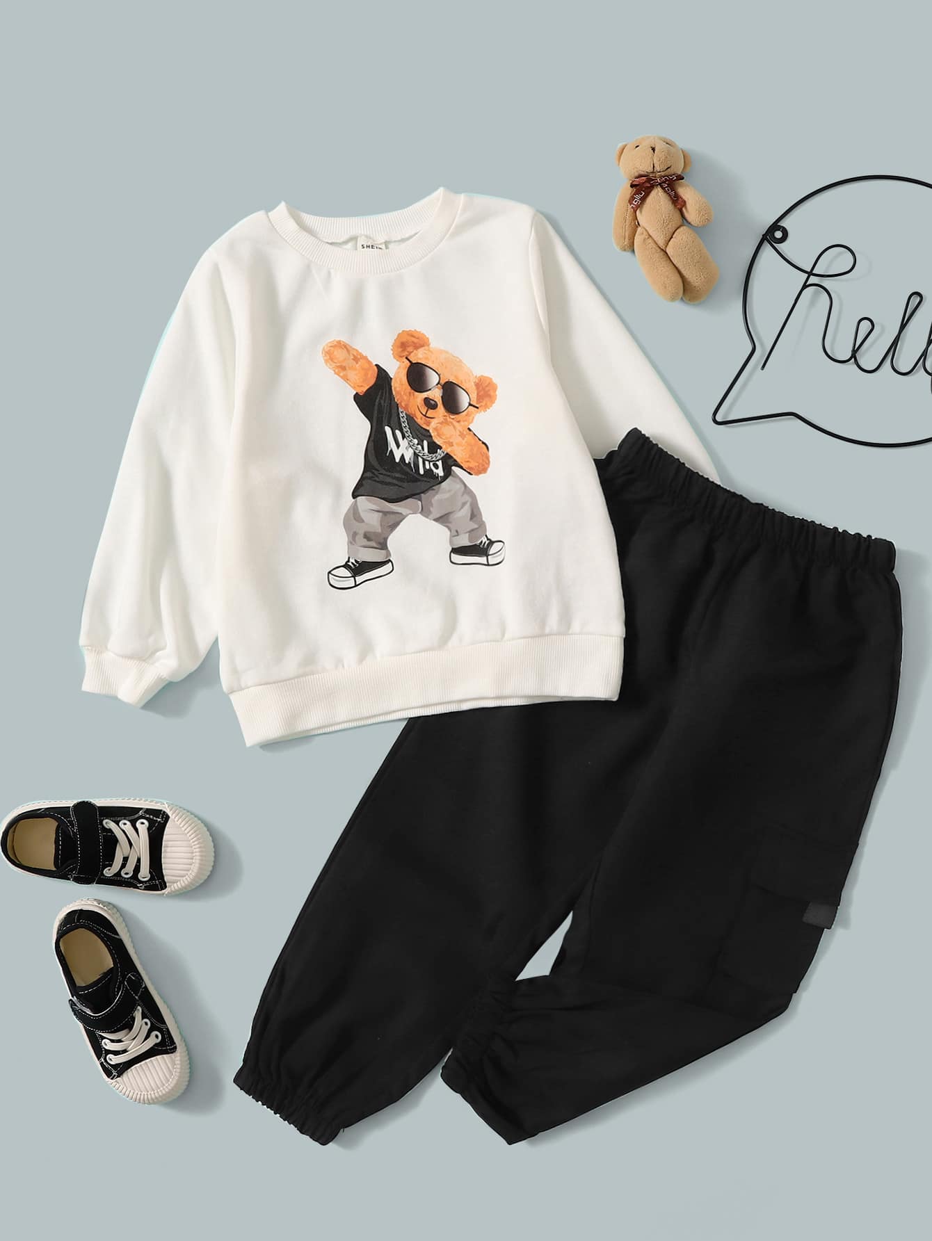 SHEIN Bộ thời trang bé trai Túi Hoạt hình Giải trí - Đen và trắng - Xem 1