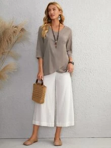 Camisa túnica bajo asimétrico unicolor - Caqui - Ver 5