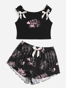 ROMWE Letter Cartoon Graphic Lettuce Trim Bow Decor Pajama Set - Black - View 1