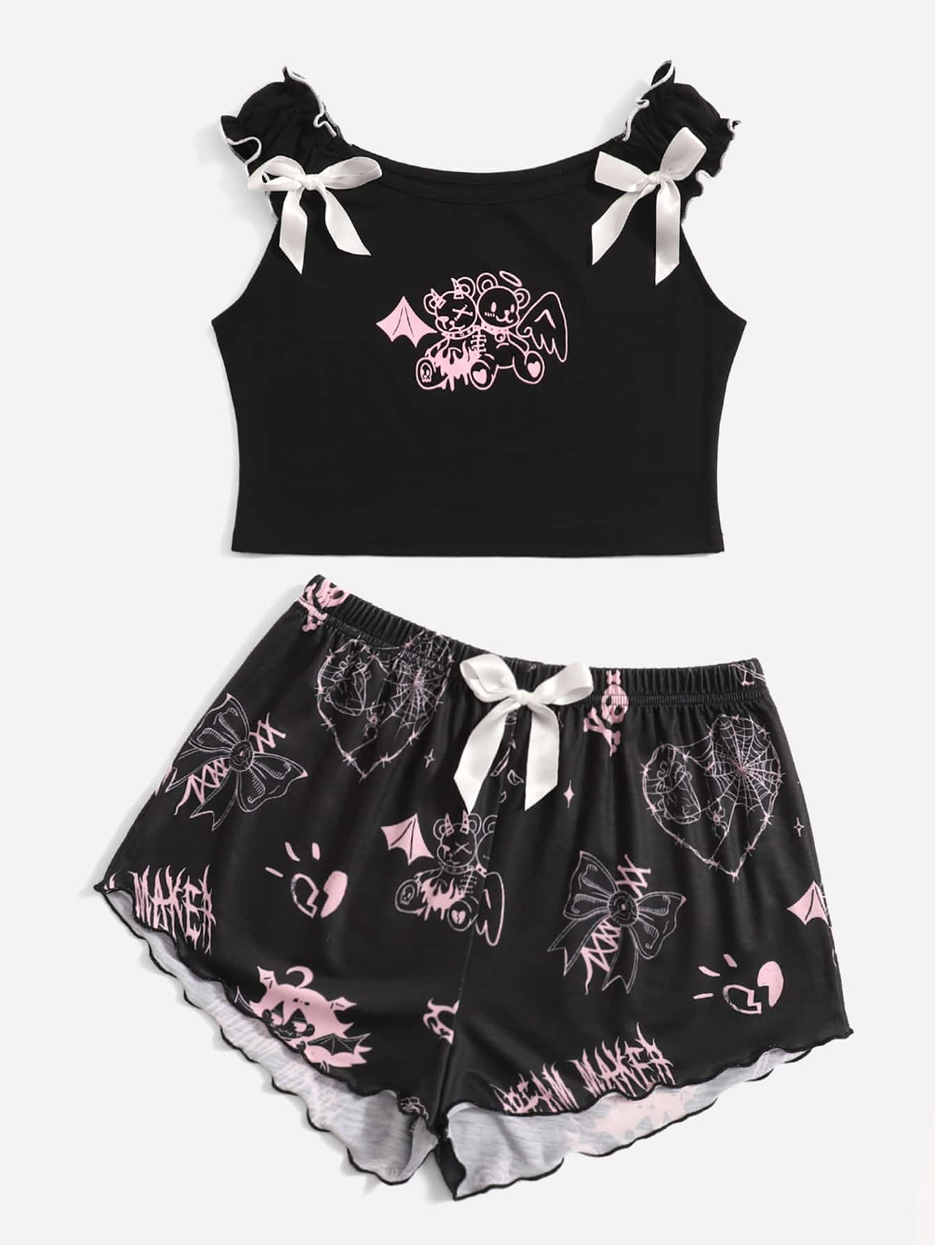 ROMWE Letter Cartoon Graphic Lettuce Trim Bow Decor Pajama Set - Black - View 1