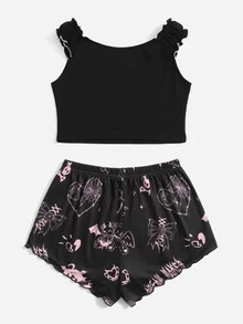 ROMWE Letter Cartoon Graphic Lettuce Trim Bow Decor Pajama Set - Black - View 2