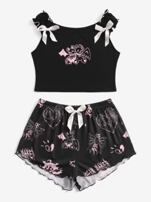 ROMWE Letter Cartoon Graphic Lettuce Trim Bow Decor Pajama Set - Black - View 4