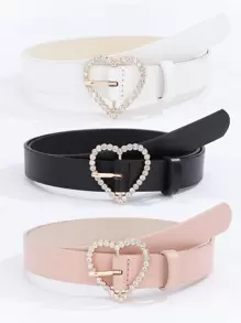 3pcs/Set Heart Shape Rhinestone Buckle Women's Versatile Belt Halloween, Pink Accessories Valentine's Day Summer, School Fall, Autumn, Halloween