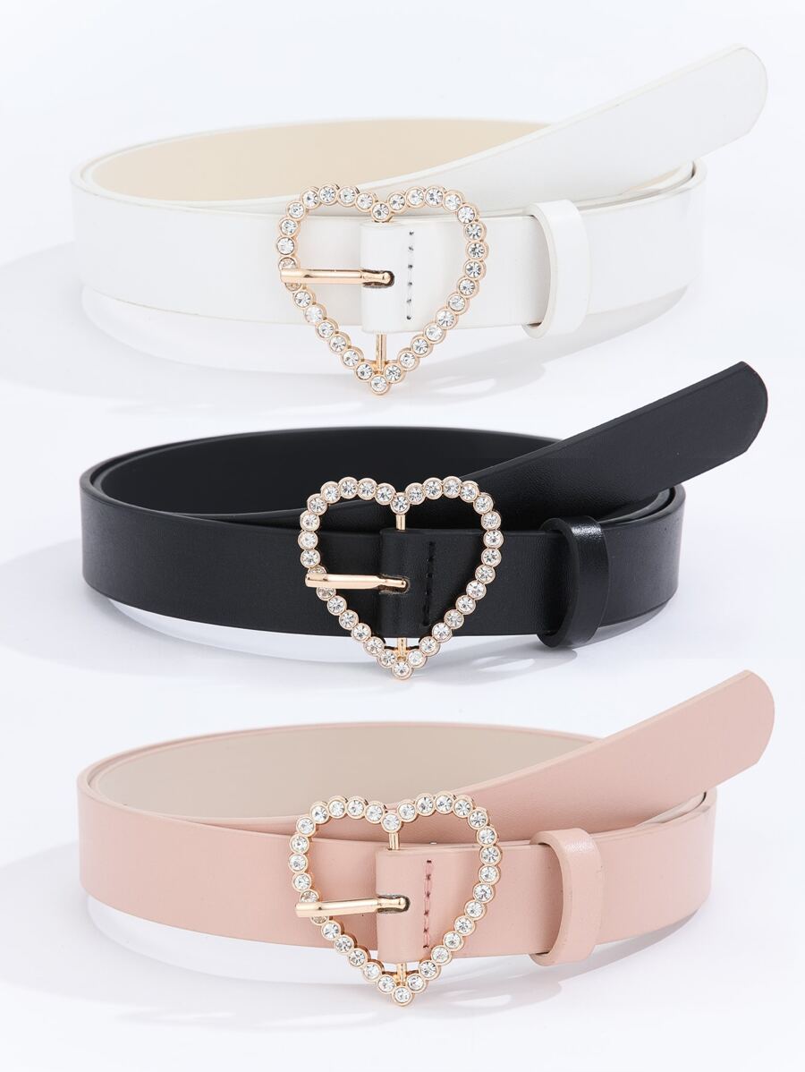 3pcs/Set Heart Shape Rhinestone Buckle Women's Versatile Belt Halloween, Pink Accessories Valentine's Day Summer, School Fall, Autumn, Halloween