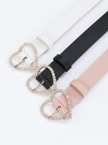 3pcs/Set Heart Shape Rhinestone Buckle Women's Versatile Belt Halloween, Pink Accessories Valentine's Day Summer, School Fall, Autumn, Halloween