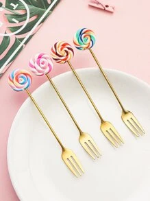 4pcs Lollipop Design Stainless Steel Spoon & Fork,Kitchen,Christmas Gift,School Supplies