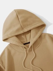 INAWLY 素色抽繩短款加絨內裏連帽衫 - 卡其色 - 查看 4