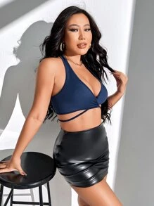 SHEIN SXY Plunge Neck Tie Backless Crop Halter Top - Navy Blue - View 3