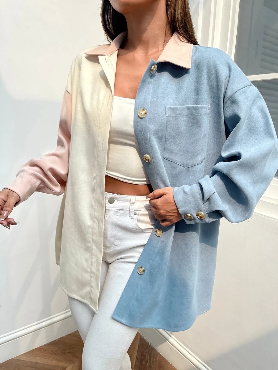 SHEIN EZwear Colourblock Patched Pocket Drop Shoulder Coat - Multicolor - View 1