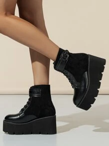 Metal Decor Lace-up Front Faux Suede Wedge Boots - Black - View 4