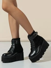 Metal Decor Lace-up Front Faux Suede Wedge Boots - Black - View 2