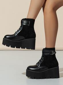 Metal Decor Lace-up Front Faux Suede Wedge Boots - Black - View 3