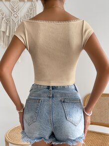 SHEIN Privé Sweetheart Neck Lace Trim Rib-knit Crop Tee - Khaki - View 2