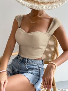 SHEIN Privé Sweetheart Neck Lace Trim Rib-knit Crop Tee - Khaki - View 3