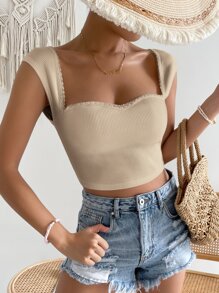 SHEIN Privé Sweetheart Neck Lace Trim Rib-knit Crop Tee - Khaki - View 4