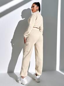 SHEIN Unity Bộ đồ hai mảnh nữ Lá thư Thể thao - Màu be - Xem 2