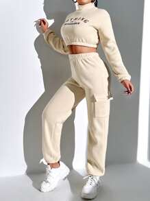 SHEIN Unity Bộ đồ hai mảnh nữ Lá thư Thể thao - Màu be - Xem 3