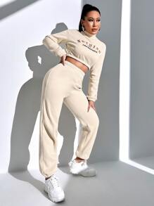 SHEIN Unity Bộ đồ hai mảnh nữ Lá thư Thể thao - Màu be - Xem 4