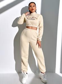 SHEIN Unity Bộ đồ hai mảnh nữ Lá thư Thể thao - Màu be - Xem 5