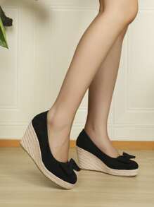 蝴蝶結裝飾編織仿麂皮楔形淺口鞋 - 黑色 - 查看 1