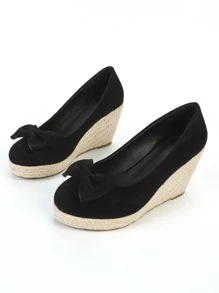蝴蝶結裝飾編織仿麂皮楔形淺口鞋 - 黑色 - 查看 3