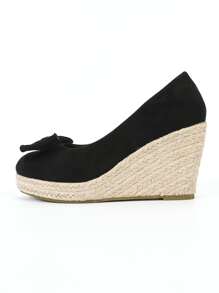 蝴蝶結裝飾編織仿麂皮楔形淺口鞋 - 黑色 - 查看 4