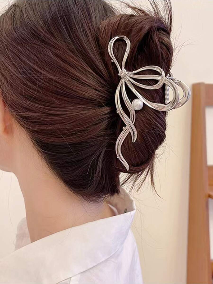 人造珍珠裝飾蝴蝶結設計髮爪 - 彩色 - 查看 1