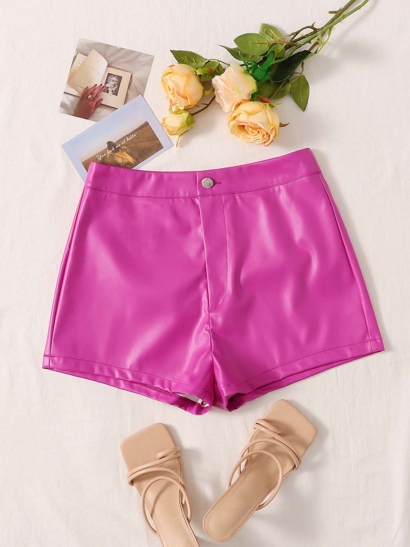 SHEIN Clasi PU Leather Skinny Shorts - Hot Pink - View 1