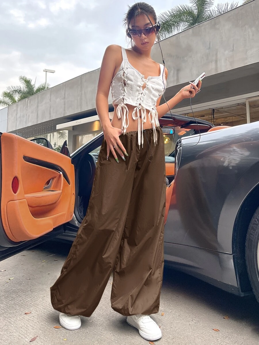 SHEIN ICON Gorpcore 90s Low Rise Drawstring Waist Jogger Parachute Trousers - Brown - View 1