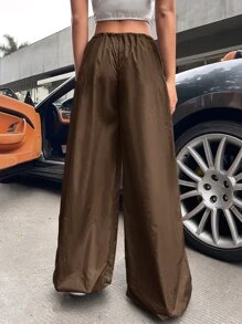 SHEIN ICON Gorpcore 90s Low Rise Drawstring Waist Jogger Parachute Trousers - Brown - View 2