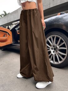 SHEIN ICON Gorpcore 90s Low Rise Drawstring Waist Jogger Parachute Trousers - Brown - View 3