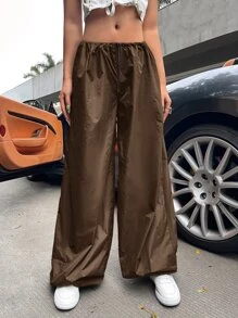 SHEIN ICON Gorpcore 90s Low Rise Drawstring Waist Jogger Parachute Trousers - Brown - View 5