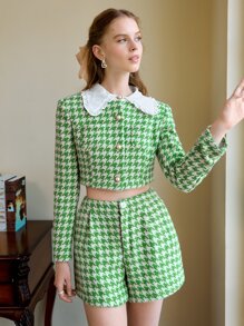 SHEIN MOD Houndstooth Print Peter-pan Collar Overcoat - Green - View 1