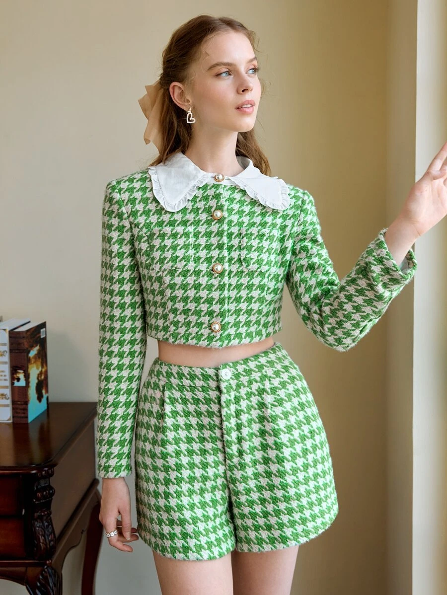 SHEIN MOD Houndstooth Print Peter-pan Collar Overcoat - Green - View 1