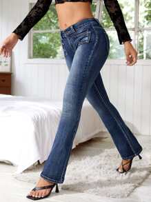 SHEIN Essnce Pocket Patched Bootcut Leg Jeans - Dark Wash - View 4