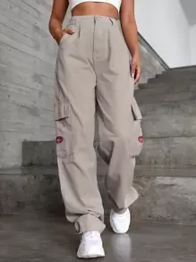 SHEIN EZwear 貼布細節翻蓋口袋寬腿牛仔褲 - 米色 - 查看 1