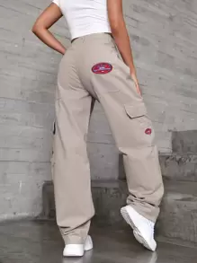 SHEIN EZwear 貼布細節翻蓋口袋寬腿牛仔褲 - 米色 - 查看 2