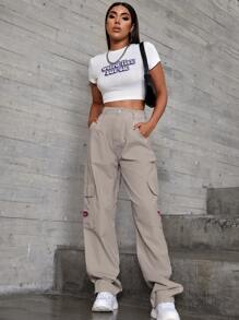 SHEIN EZwear 貼布細節翻蓋口袋寬腿牛仔褲 - 米色 - 查看 3