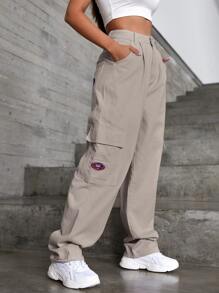 SHEIN EZwear 貼布細節翻蓋口袋寬腿牛仔褲 - 米色 - 查看 4