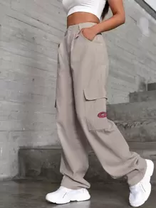 SHEIN EZwear 貼布細節翻蓋口袋寬腿牛仔褲 - 米色 - 查看 5